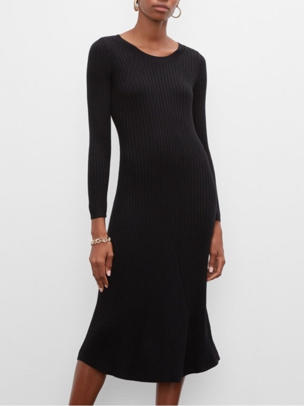 Club Monaco Black Ribbed Long-Sleeve Midi Dress